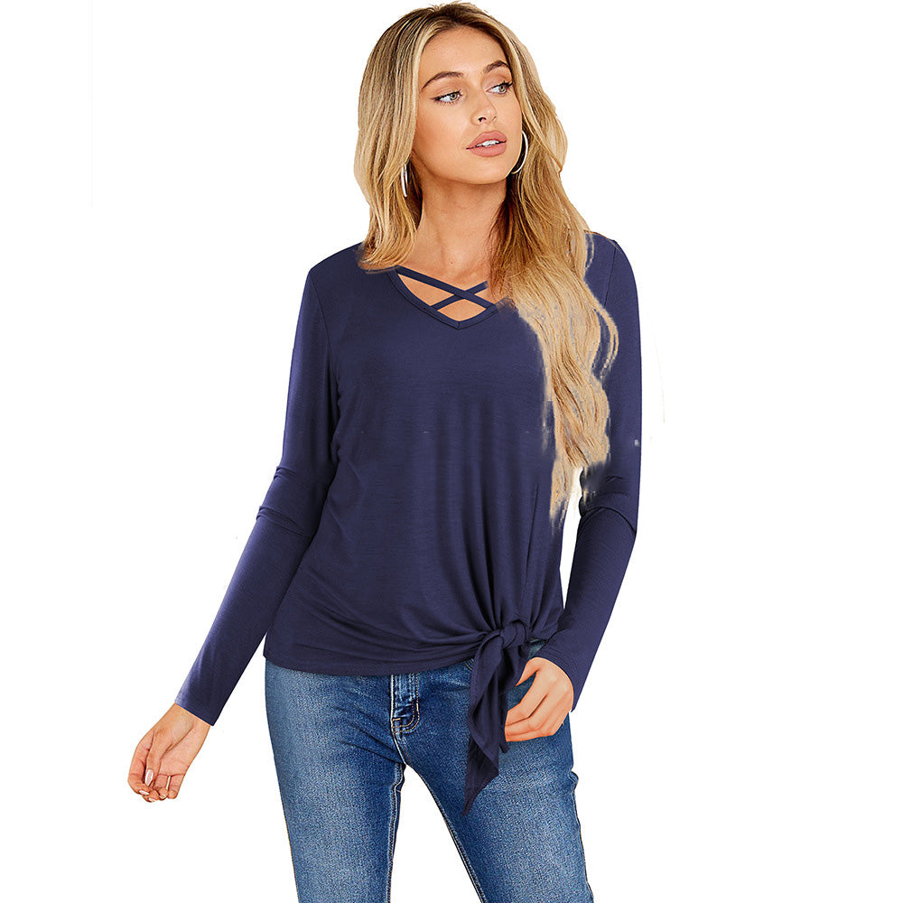 Nice-Forever Winter Women Pure Color Bandage Casual T-Shirts Loose Shift Female Tees Tops T057