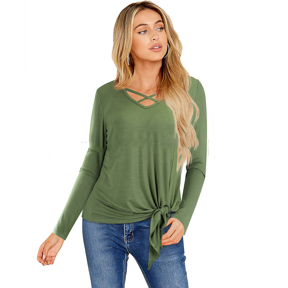 Nice-Forever Winter Women Pure Color Bandage Casual T-Shirts Loose Shift Female Tees Tops T057