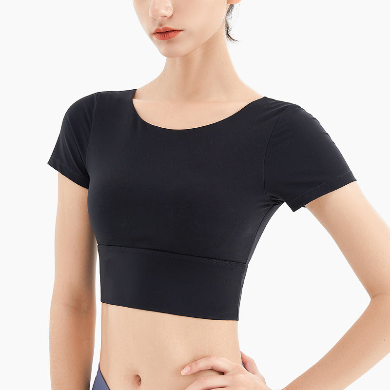 Antibom Yoga Women T-Shirts Short Sleeve Sexy Hollow Design Cross Back