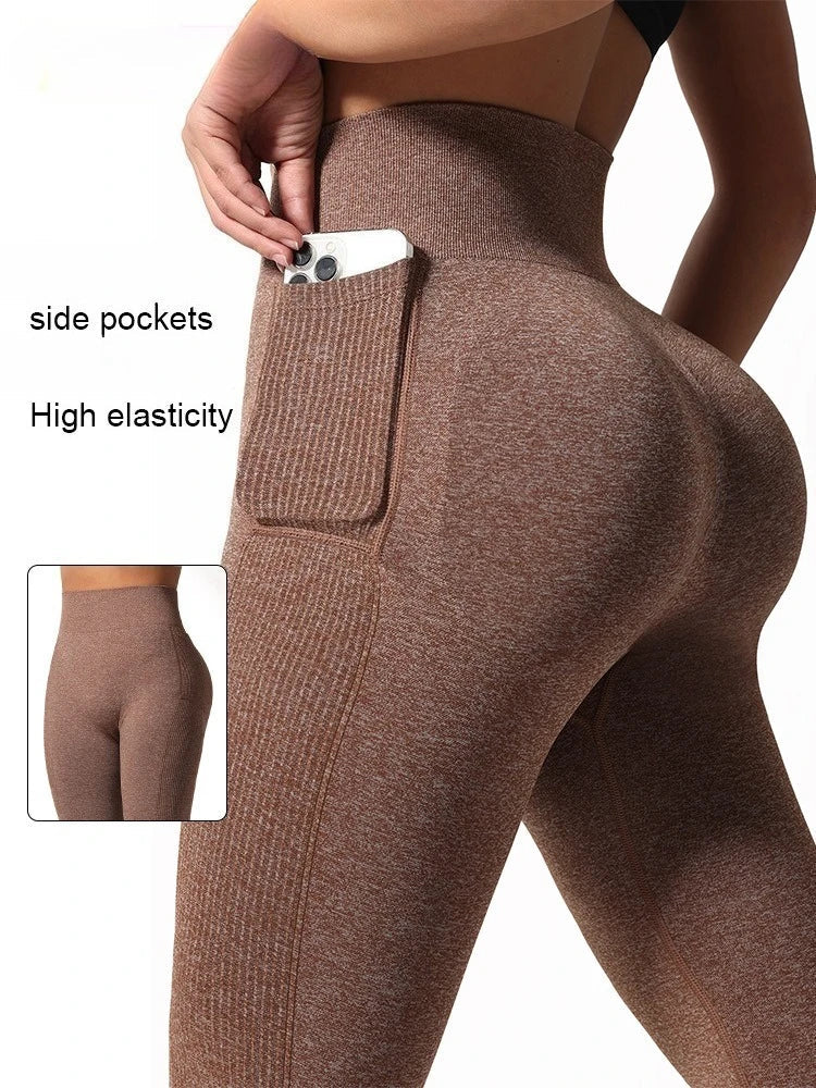 Women Ribbed Leggings Yoga Pants High Waist Solid Color with Side Pocket 3D Engineering Style Gym Trousers