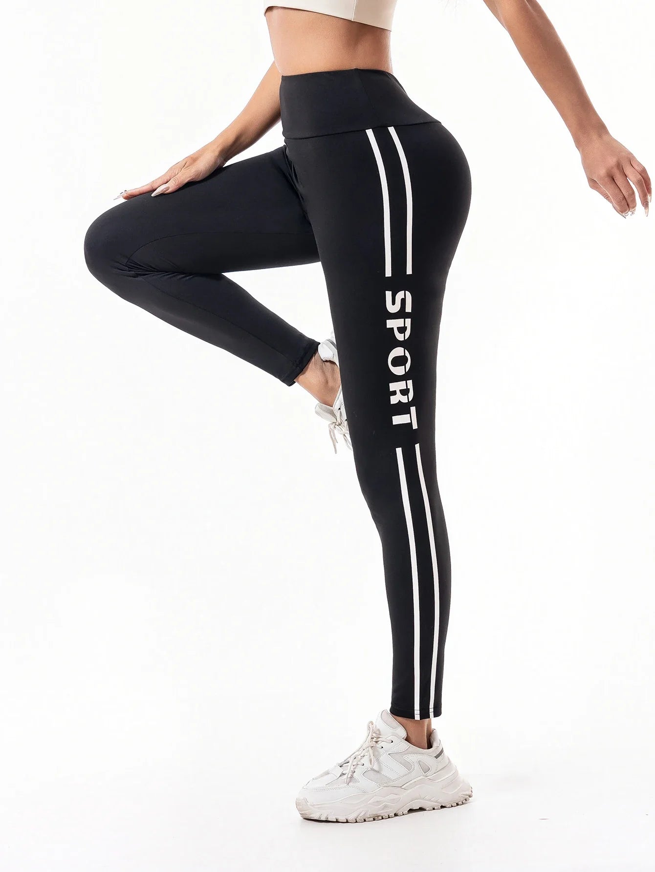 Women's High-Waisted Slim Fit Athletic Leggings with Side Stripes, Casual Sports Pants for Everyday Fitness, Crop Running Tights