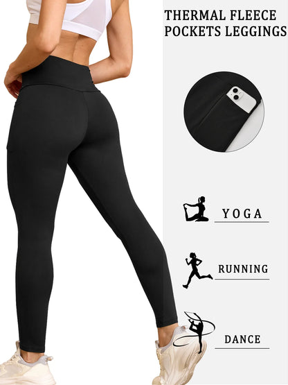 Womens Thermal Fleece Lined Leggings with pockets ,High Waisted Tummy Control Workout Winter Warm Thick Tights Pants