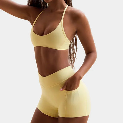 High Elasticity Cross Back Sports Bra Fitness Yoga Shorts Set Beautiful Back Design Neck Hanging Sports Underwear