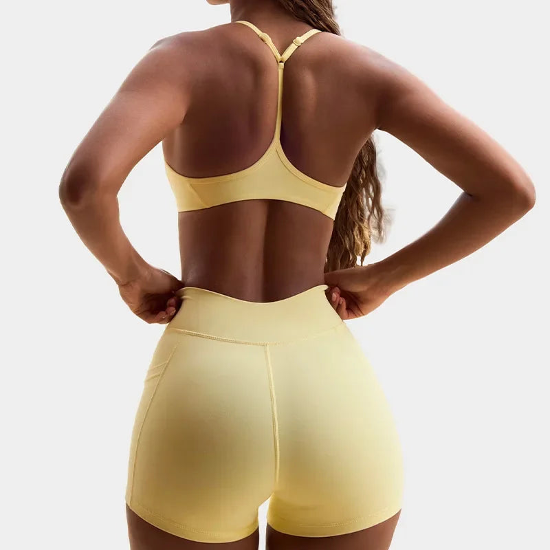 High Elasticity Cross Back Sports Bra Fitness Yoga Shorts Set Beautiful Back Design Neck Hanging Sports Underwear