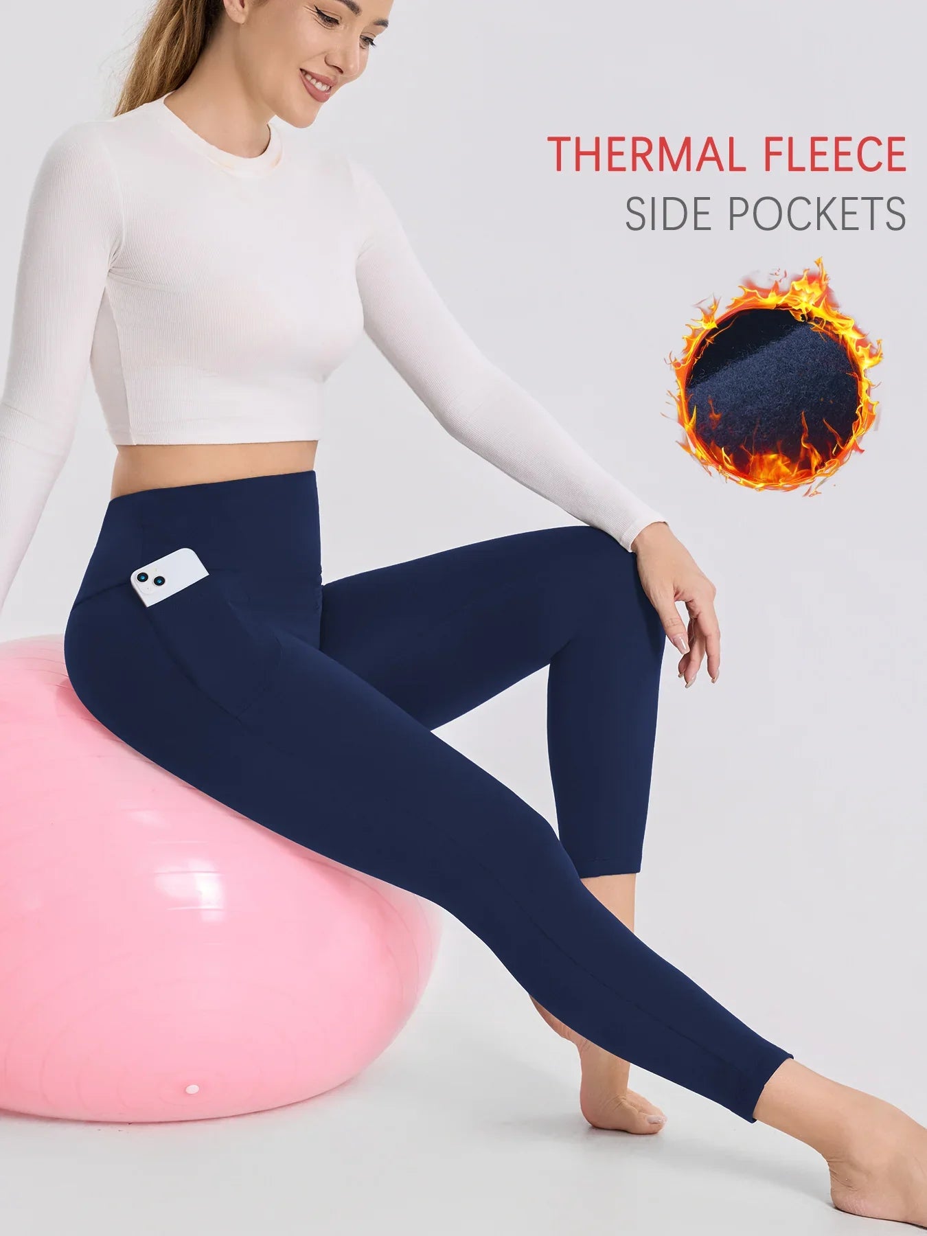 Womens Thermal Fleece Lined Leggings with pockets ,High Waisted Tummy Control Workout Winter Warm Thick Tights Pants