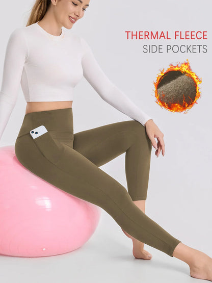 Womens Thermal Fleece Lined Leggings with pockets ,High Waisted Tummy Control Workout Winter Warm Thick Tights Pants