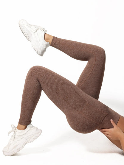 Women Ribbed Leggings Yoga Pants High Waist Solid Color with Side Pocket 3D Engineering Style Gym Trousers