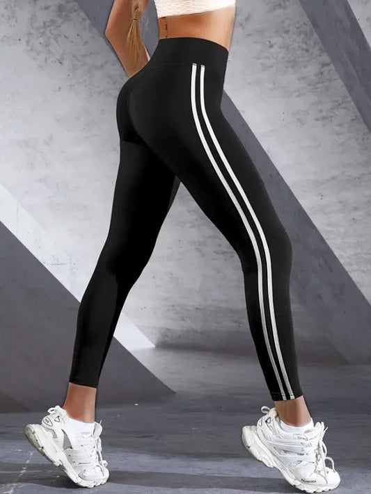 Women's High-Waisted Slim Fit Athletic Leggings with Side Stripes, Casual Sports Pants for Everyday Fitness, Crop Running Tights