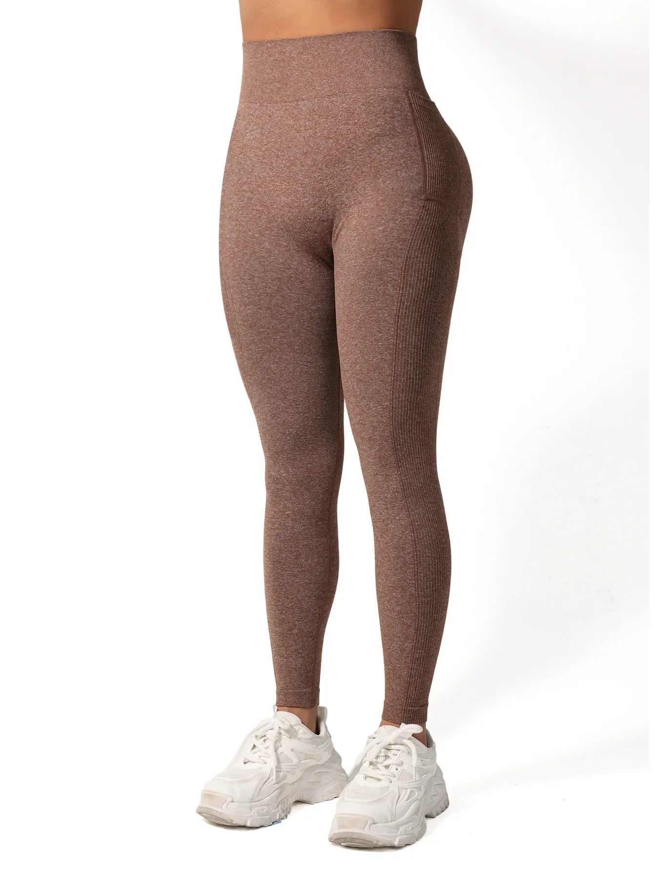 Women Ribbed Leggings Yoga Pants High Waist Solid Color with Side Pocket 3D Engineering Style Gym Trousers