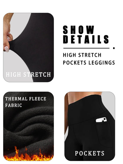 Womens Thermal Fleece Lined Leggings with pockets ,High Waisted Tummy Control Workout Winter Warm Thick Tights Pants