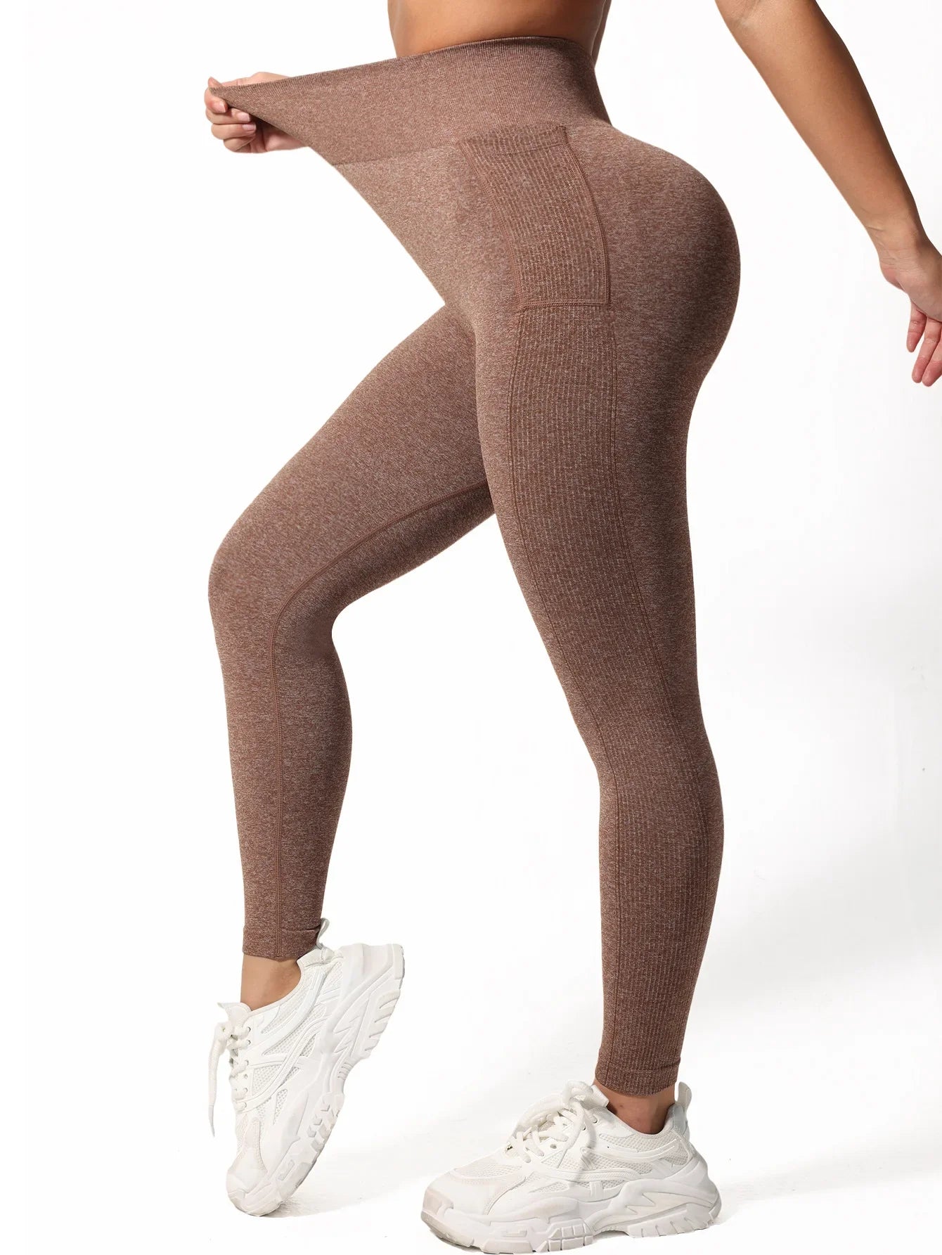 Women Ribbed Leggings Yoga Pants High Waist Solid Color with Side Pocket 3D Engineering Style Gym Trousers