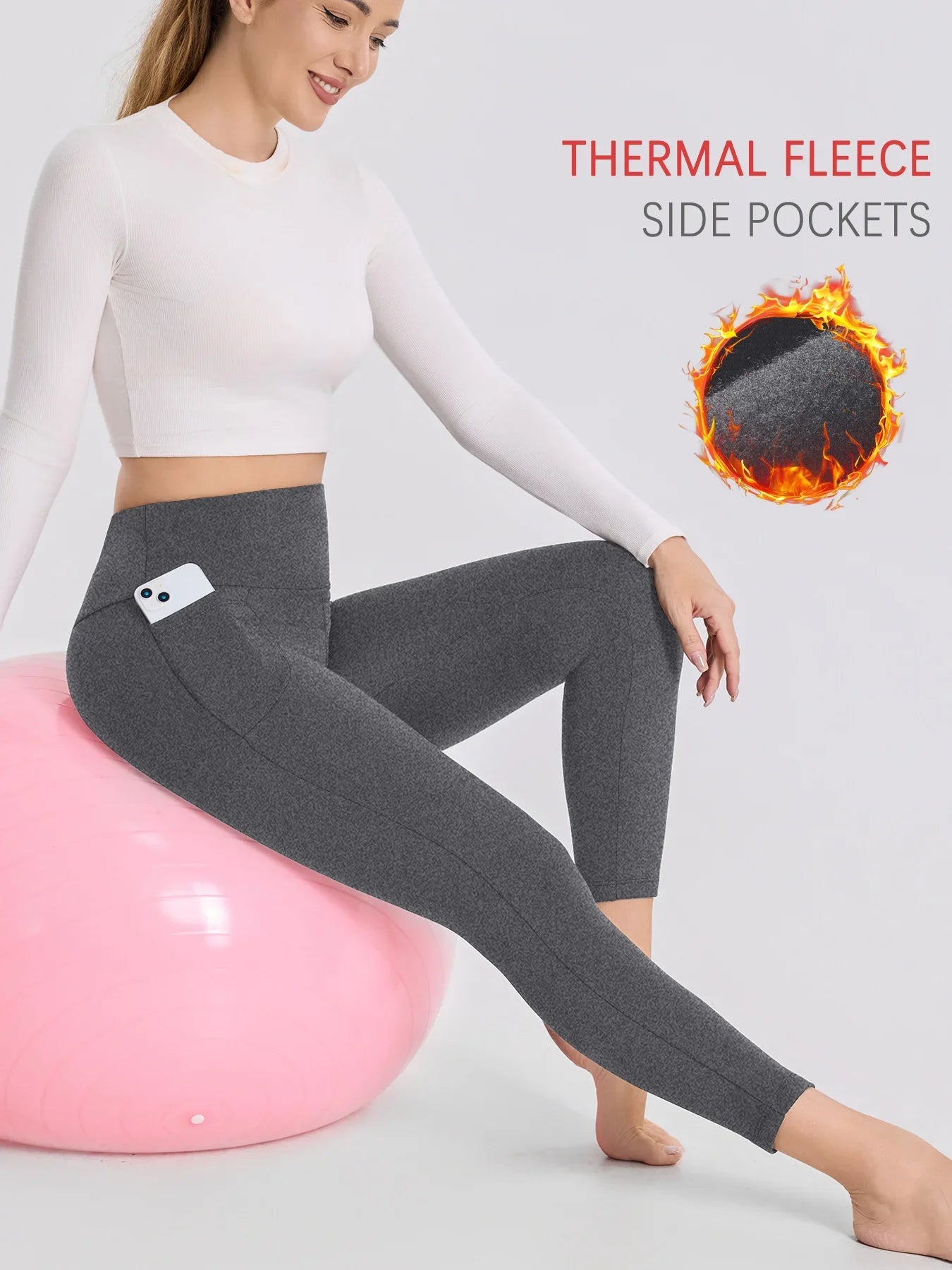 Womens Thermal Fleece Lined Leggings with pockets ,High Waisted Tummy Control Workout Winter Warm Thick Tights Pants