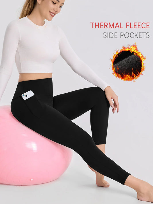 Womens Thermal Fleece Lined Leggings with pockets ,High Waisted Tummy Control Workout Winter Warm Thick Tights Pants