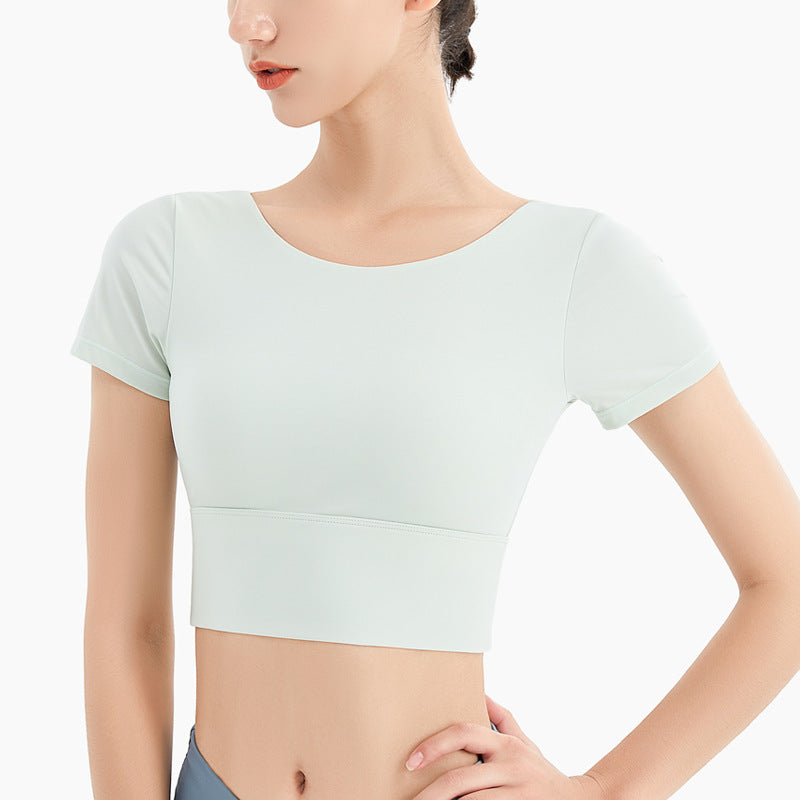 Antibom Yoga Women T-Shirts Short Sleeve Sexy Hollow Design Cross Back